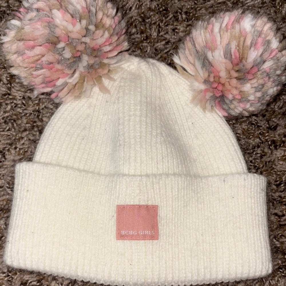 BCBG Girls White Beanie with Multicolor Pom-Poms